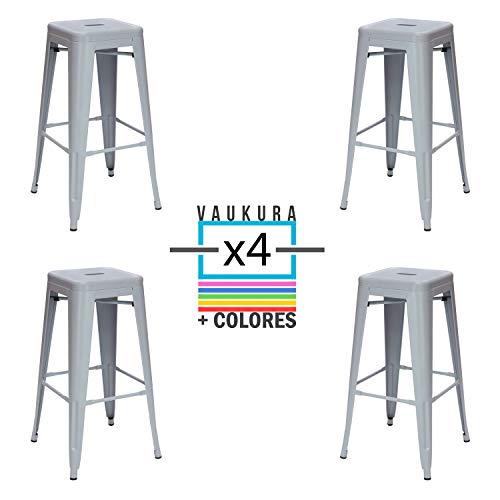 Vaukura Taburete Alto Tolix Pack 4 - Taburete Industrial Metálico Mate (Gris)