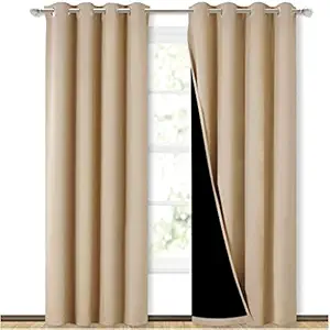 BFAM Premium Full Blackout Curtain -100% Blackout Curtain for Bedroom with Black Liner, Double Layer Full Room Darkening, noice reducing 4 feet Wide, Set of 2 (Biscotti Beige, 7 FT (Door))