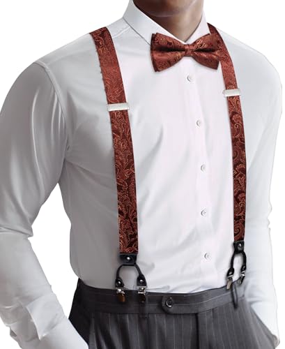 Image of YOHOWA Men Suspenders 6 Clips Strength Adjustable Y Braces Pre-Tied Bow Tie Set Formal Wedding Party