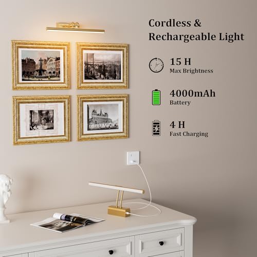Image of Battery Operated Wall Light, Set of 2, Gold, Remote Control | 13.8'' 4000mAh Cordless,Gold Wall Light, Magnetic for Easy to Charge,Timers, Display for Gallery Living Room Bedroom