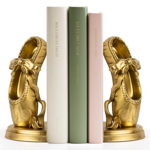 MXARLTR Bookends for Shelves, Ballet Slipper Decorative Bookends - Book Ends with Anti-Slip Pad for Book Lovers Dancers Heavy Book Holder for Home Office Decor (Gold)