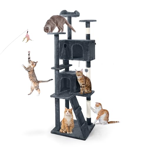 CAPHAUS Cat Tower for Indoor w/Cat Wand Toy, Modern Cute 74-Inch Cat Tree w/Widened Perch for Large Cats Kittens, Multi-Level Cat Activity Tree w/Scratching Posts, Tunnel, Basket, Cat Cave Condo