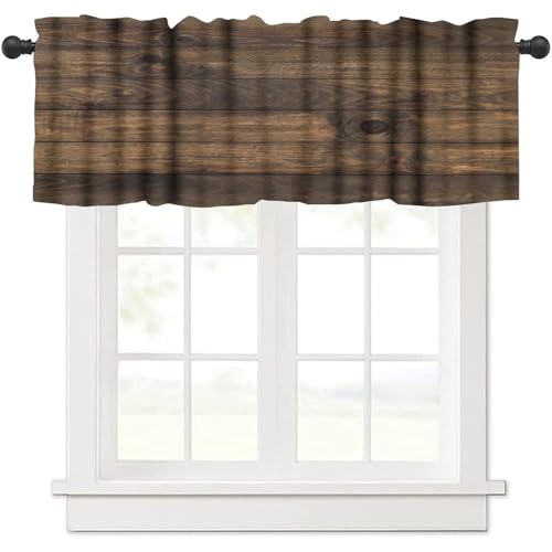 PHTAYOT Rustic Wooden Board Valances Set for Kitchen, Wall Floor Texture Planks Grain Cottage Lodge Brown Home Decor Rod Pocket Window Drapes for Living Room Dining Room Office 54x18inch