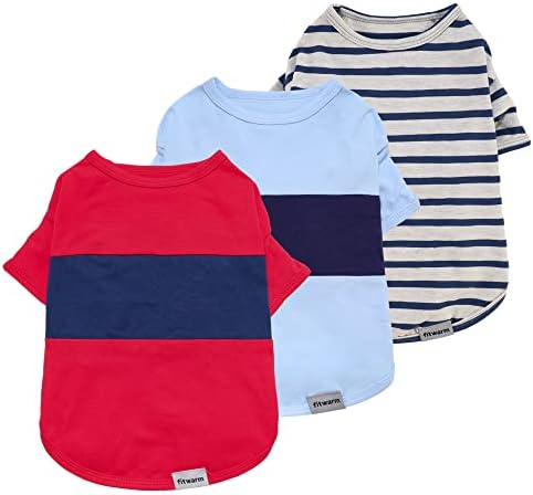 Fitwarm 3 Pack Color Block Striped Dog Shirt, Summer Dog Clothes for Small Dogs, Breathable Lightweight Pet Tshirt with Sleeves, Cat Outfit, Red, Blue, Grey