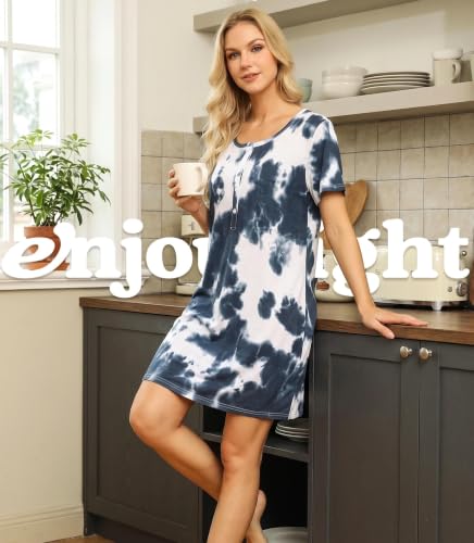 Image of ENJOYNIGHT Women Cotton Nightgown Tie Dye Nightshirt Nursing Sleepshirt
