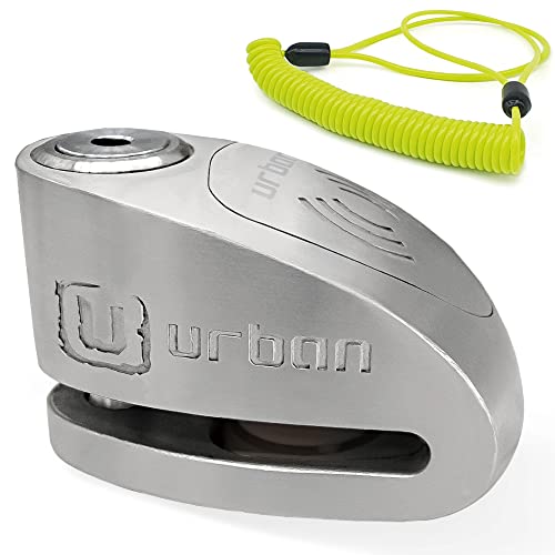 URBAN UR910S Antivol Moto Homologué SRA, Bloque Disque avec Alarme Hi-Tech | 120 dB, X2 ON | Pile CR2, Câble Rappel, Serrure Haute Sécurité, Bloc Double Verrouillage ø10mm, Acier Inoxydable