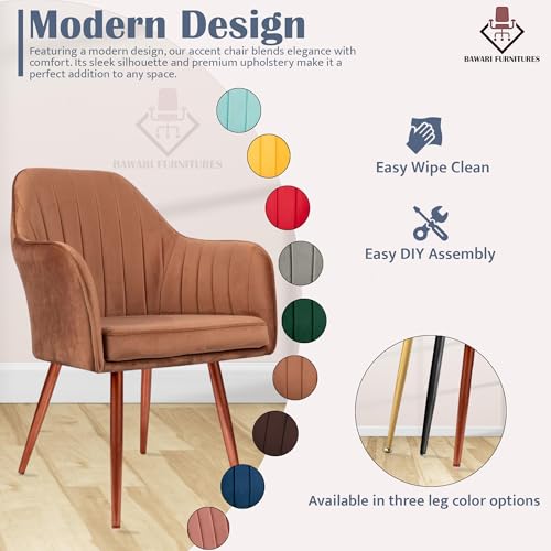 Image of Set of 2 Accent Chair for Living Room | Modern Armchair in Soft Velvet Fabric with Sturdy Legs | Premium Chair for Home Living Room Bedroom Restaurent | (Bronze Legs, Light Brown)