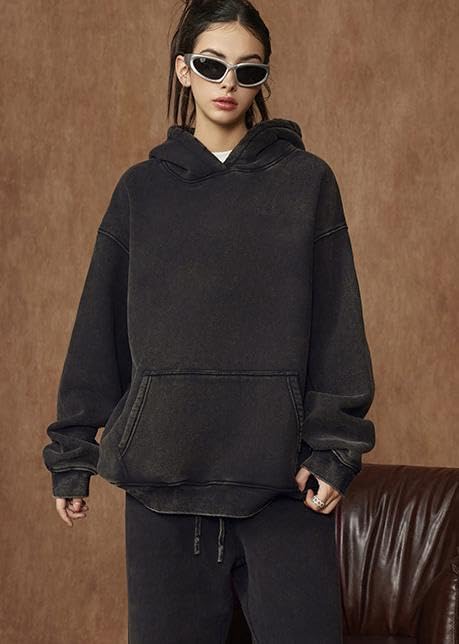 Womens Acid Wash Oversized Hoodie Unisex Couples Heavyweight Fleece Vintage Hoodies Baggy Pullover Sweatshirt - Image 2