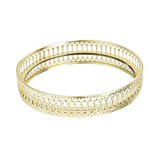 HERCHR Gold Mirror Tray, Round Jewelry Tray Decorative Perfume Tray for Bathroom Bedroom Cosmetics Storage, 17.5cm(Light Gold)