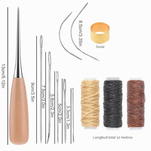 Miniatura 2 de Kit De Artesanía En Cuero - 12 Piezas Con Agujas Para Coser A Mano, Herramientas Y Hilo Encerado