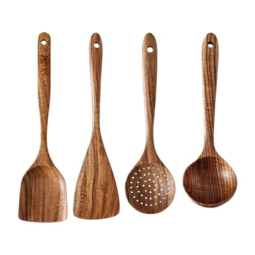 Wooden Utensil, Soup Spoon Set, Non-Stick Cooking Utensils, Wooden Spatula Set, 4-Piece Set Safe Wood Utensils Long Handles Stur
