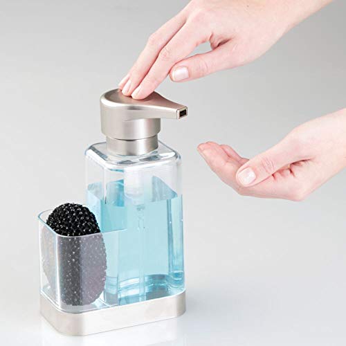 mDesign Modern Plastic Kitchen Sink Countertop Liquid Hand Soap Dispenser Pump Bottle Caddy with Storage Compartment - Holds and Stores Sponges, Scrubbers and Brushes - Clear/Brushed