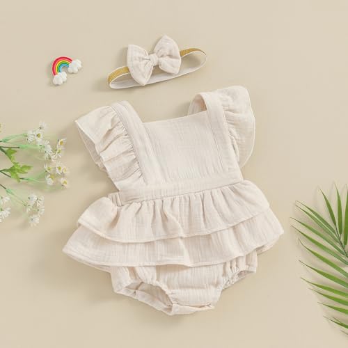 MERSARIPHY Newborn Baby Girl Summer Outfit Linen Ruffle Bubble Romper Dress One Piece Bodysuit Jumpsuit Infant Summer Clothes3