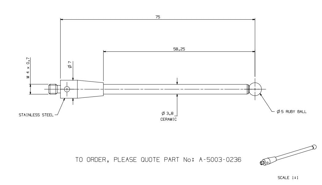 CMM Touch Probe Styli Stem M4 5mm Diameter Ruby Ball Tip L75mm Ceramic Rod A-5003-0236 (M4*D5*L75)