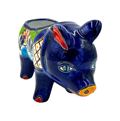 Cactus-Canyon-Ceramics-PUERCUITO-Pig-Mexican-Talavera-Planter-Pot-5-D-x-13-W-x-9-H-Hand-Painted-Dark-Blue-Trim-Mexican-Decor-Planter-Piglet