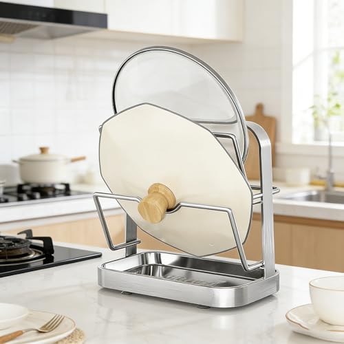 Image of TUICARE Pot Lid Storage Rack - 2 Tier Wall Mounted No Drill Organizer for Kitchen Countertop & Cabinet