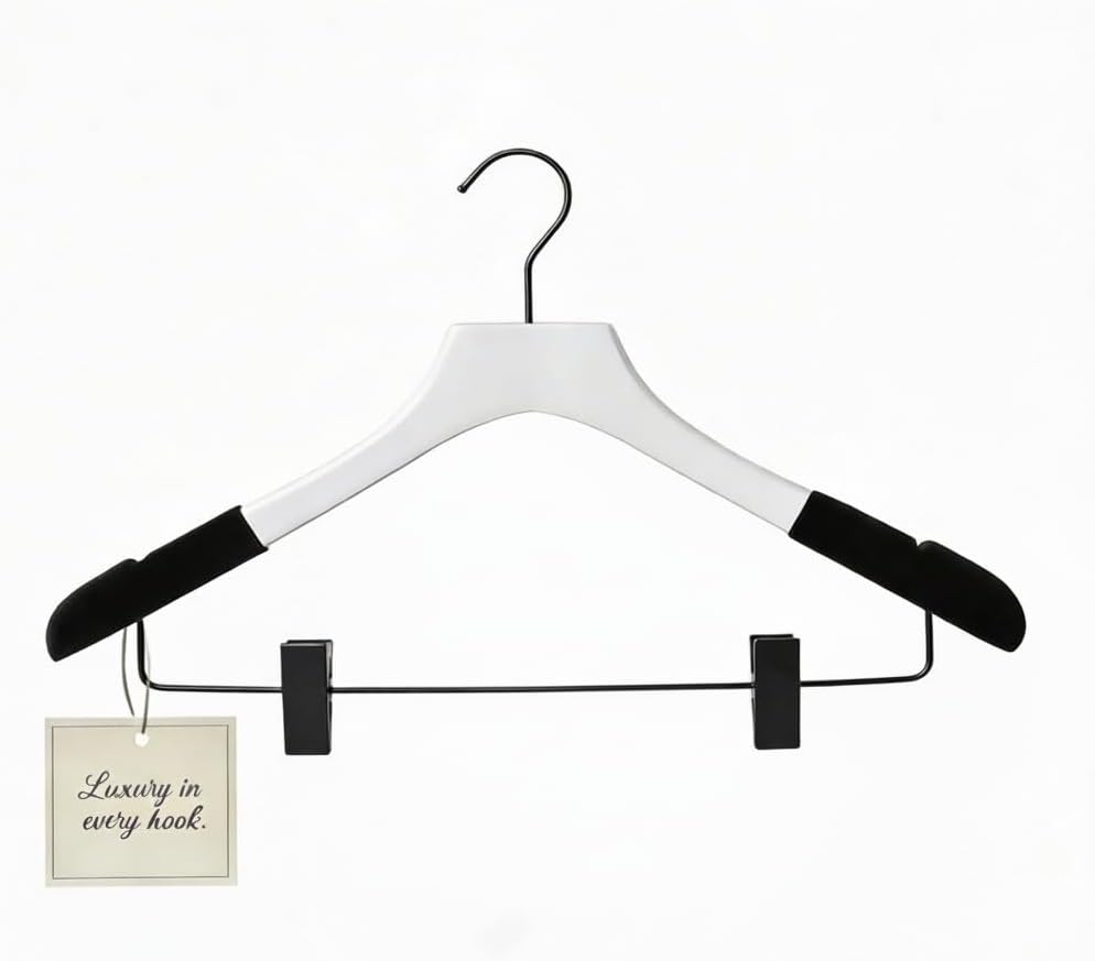 Wooden Hangers with Clips for Women, Solid Wood Skirt & Suit Hangers, Heavy-Duty Adjustable Non-Slip Design with Velvet Grip, White with Black Velvet, 6 pcs
