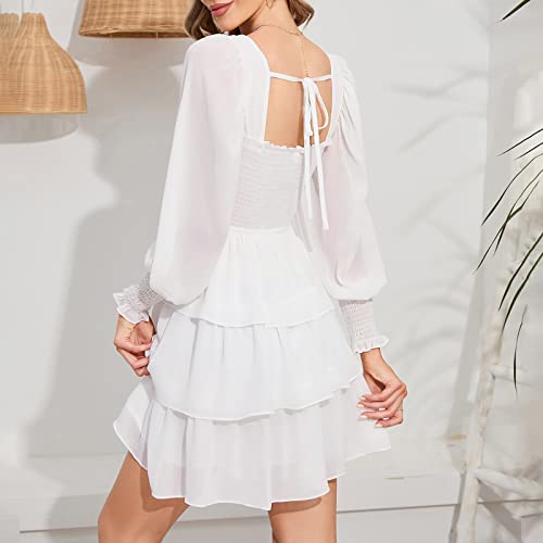 Byinns Women's Square Neck Ruffle Dress Long Sleeve Floral Print Tiered Tie Back Layered Swing Mini Dress #TOP3