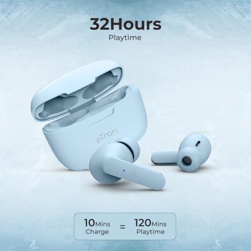 Image of pTron Basspods P81 in-Ear Wireless Earbuds, Pristine Sound, 32Hrs Playtime, Clear Calls TWS Earbuds, Bluetooth V5.1 Headphone, Type-C Fast Charging, Voice Assist & IPX4 Water Resistant (Powder Blue)