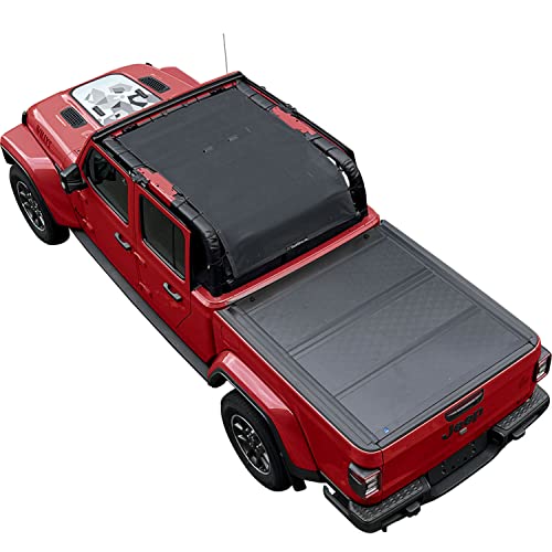Shadeidea JT Sun Shade Top Sunshade Compatible with Jeep Gladiator Top Shade Mesh Screen Roof Cover (2018-2023)- Wind Noise UV Blocker with GrabBag Pouch -10 Year Warranty- Black -Front&Rear&Back