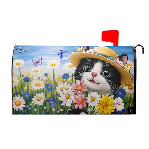 Image of Spring Summer Cat Mailbox Cover Magnetic Large Size 21 inchx25 inch Welcome Spring Daisy Flowers Decorative Mailbox Covers Farmhouse Floral Mailbox Wraps Post Letter Box Cover for Home Courtyard Garden Yard