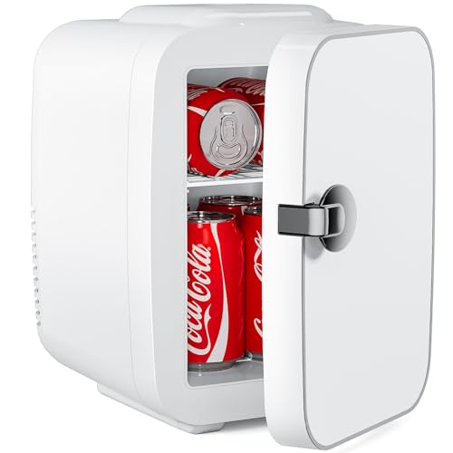 DUMOS Portable Mini Fridge, 4L/6 Can Cooler & Warmer 110V AC/ 12V DC Thermoelectric Compact Small Refrigerator for Skincare, Beverage and Food Retro Cooler for Car, Bedroom, Dorm, Office, White