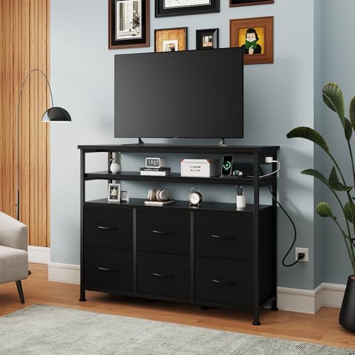 Image of NEWBULIG Dresser TV Stand with 6 Fabric Drawers and 2 Shelves, TV Media Console Table for Up to 45 inch, Entertainment Center with Charging Station for Living Room Bedroom, Black