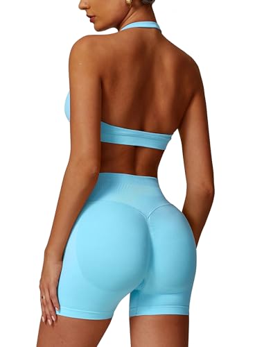 ABOCIW Womens Seamless Workout Sets Halter Sports Bra High Waist Scrunch Butt Impact Shorts 2 Piece Gym Set Ice Blue Small