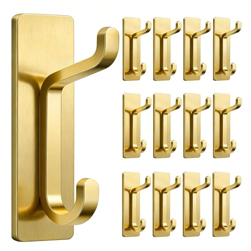 pickpiff 12 Pack Stick-on Hooks Strong 13LB for Coat & Towel, Brushed Gold
