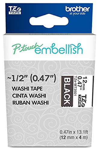 Image of Brother P-Touch Embellish White Print on Black Washi Tape TZeMT3501 - ~~ inch Wide x 13.1' Long for use with P-Touch Embellish Ribbon & Tape Printer