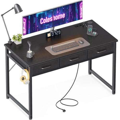 Coleshome Escritorio con Cajones, 120x48 cm Mesa Escritorio con Soporte para Auriculares, Escritorio Ordenador con 2 Tomas de Corriente y 2 Puertos de Carga USB para el Hogar y la Oficina, Negro