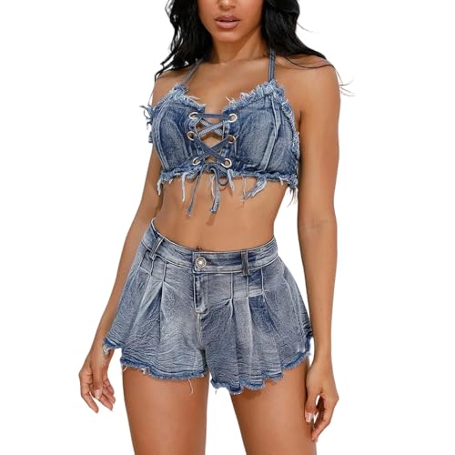 Short en jean moderne femme taille haute avec jupe à volants look d'été