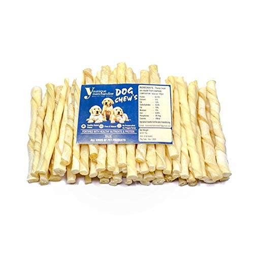 YOUNIQUE MERCHANDISE Dog Food Chew Stick Milky Rawhide Calcium Twisted Munchie Treats Nutritional Benefits Strengthen Bones and Teeth for All Breeds Dogs (1 Kilogram)