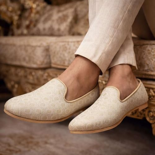 Image of Punjabi Mojaris Mens Shoes Cream Wedding for Groom,Traditional Indian Footwear Ethnic Peshawari Slippers