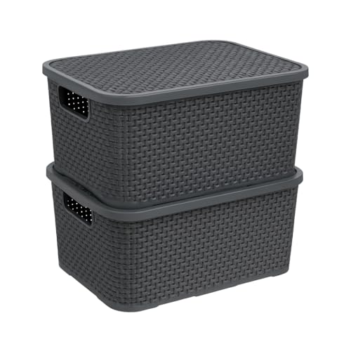Image of Set of 2 BPA Free Rattan Storage Boxes with Lid, Durable Plastic Organiser Baskets for Home, Kitchen, Bathroom & More (Anthracite, 19 Litre)
