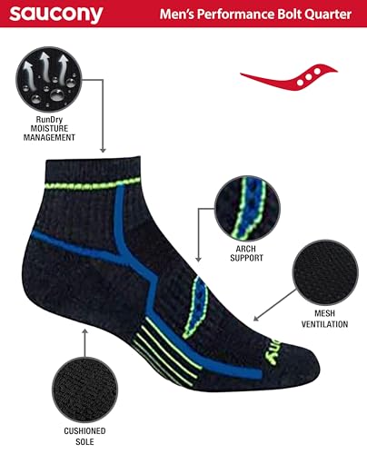 Image of Saucony Men's RunDry Bolt Performance Quarter Socks, Available in L-XL (6, 12 Pairs)