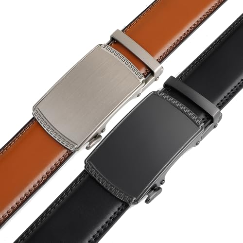 Image of 2 Pack Ratchet Belt 1 3 /8 inch, Mens leather Dress Belt in Gift Set Size 28 inch-62 inch Adjustable waist Trim to Fit (105black / Orange Brown, 28 inch-42 inch Waist Adjustable)