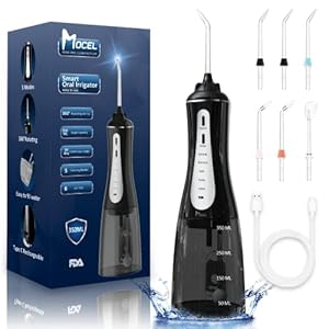 MOCEL Water Dental Flosser Mondelinge Irrigator met 5 modi, 350 ml draadloze watertanden reiniger Pick 6 tips, IPX7 waterdichte oplaadbare draagbare krachtige batterij voor reizen en thuisbeugels en bruggenverzorging