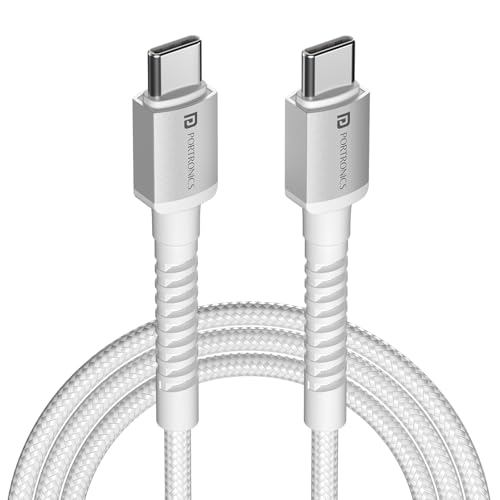 Image of Portronics Konnect X 60W Type C to Type C Unbreakable Nylon Braided Cable, 2M Fast Charging Cable for iPhone 15 series, iPad, Samsung Galaxy & other Type C Devices(White)