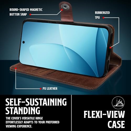 Image of WOW IMAGINE Shock Proof Flip Cover Back Case for Oppo F33 Pro 5G (Magnetic Button Flip Case | Wallet Pockets & Stand | Leather Finish | Coffee)