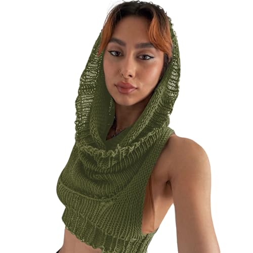 Image of Women's Knitted Hoodie Sweater Vest Sexy Sleeveless Hollow Out Hooded Crop Top Draped Sweatshirt Streetwear