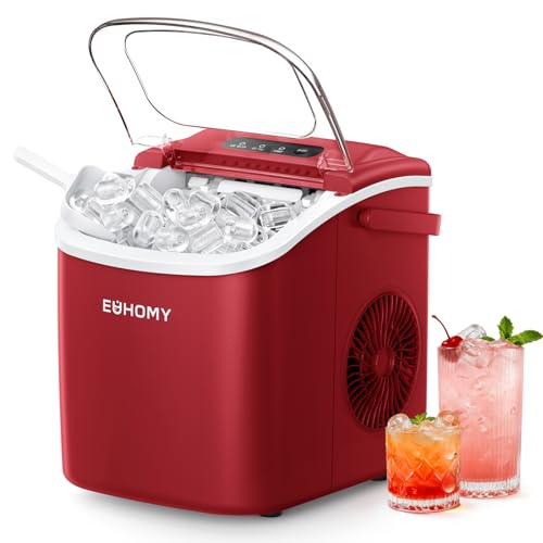 EUHOMY Countertop Ice Maker Machine with Handle 26lbs Per Day 9 Ice Cubes Ready in 6 Mins Auto-Cleaning Portable Ice Maker with Basket and Scoop for Home/Kitchen/Camping/RV (Red)