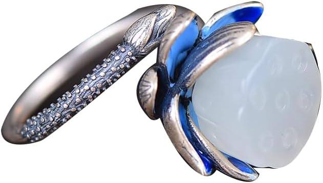 S925 Silver Inlaid Natural White Jade Lotus Seed Pod Enamel Ring Adjustable Opening Including Certificate