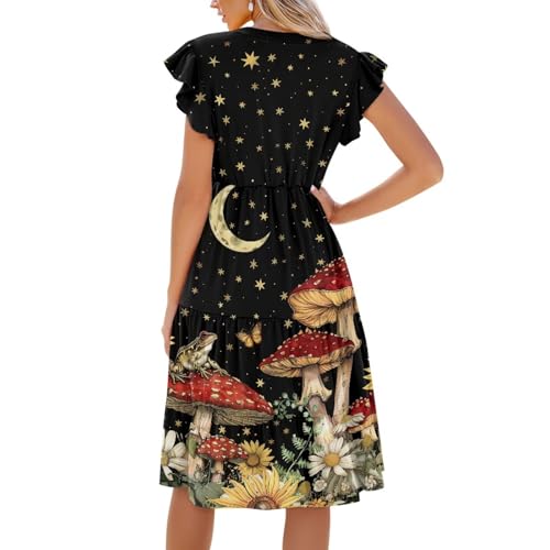 Image of Women's Casual Ruffle Sleeve Dress V Neck Pullover Dress Flowy A-Line Pleated Lightweight Dress with Pockets