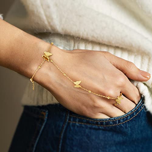 Gold Bracelets for Women, 18K Gold Plated Hand Chain, Cubic Zirconia Stainless Steel Non Tarnish Hand Chain Bracelet with Finger Ring, Adjustable Trendy Jewelry Valentines Day Gifts for Women3