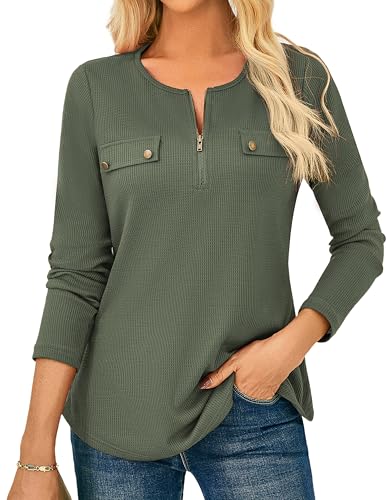 GRACE KARIN Waffle Knit Tops for Women, Long Sleeve Shirts Dressy Casual Tunic Tops, 2025 Fall Work Blouses with Zipper