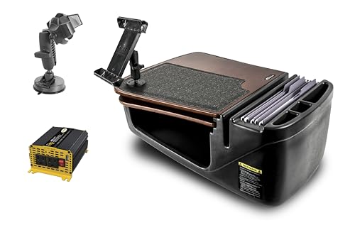 Image of AutoExec GripMaster Car Desk for Your Vehicle Workstation and Mobile Office, Mahogany, with 400 watt Power Inverter, Tablet Mount and Suction Phone Mount
