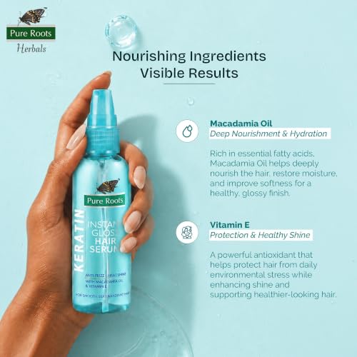 Image of Pure Roots Keratin Hair Serum 100ml (Pack of 3) for Protection and Shine, Dry, Flyaway & Frizzy Hair | Instant Shine & Smoothness | Regular Us | Soft & Silky Touch -Total - 300ml