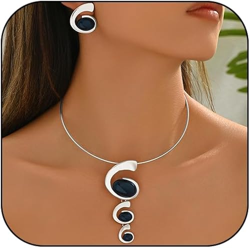 Juego de joyas de oro grueso para mujer, collar vintage y aretes con dije ovalado en espiral grueso, juego de collar y aretes, joyería vintage de