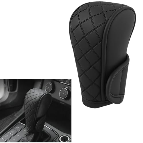 Image of DETACHI Car Gear Knob Cover Premium PU Leather Black Non Slip Waterproof Gear Shift Protector Universal Fit for Cars SUVs Trucks Durable Diamond Design Handbrake Cover Stylish Car Interior Accessory